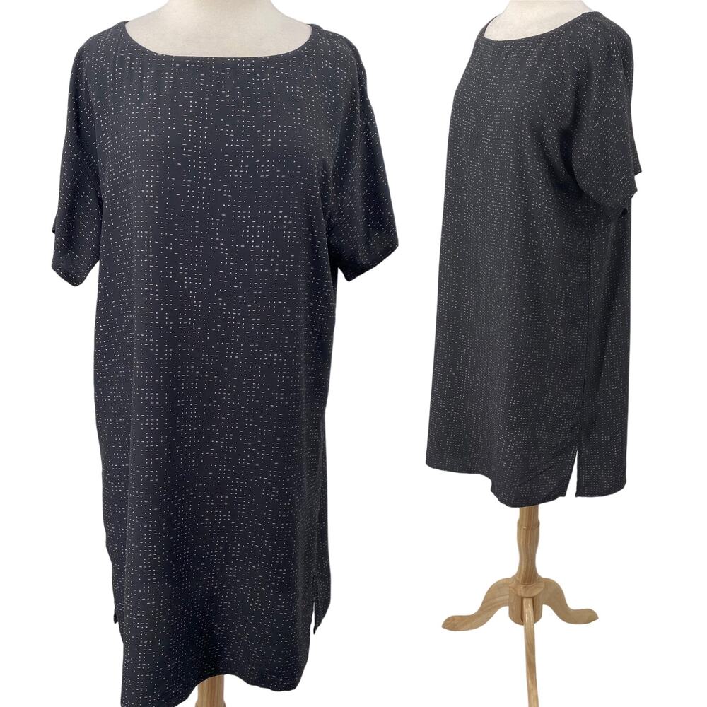 Eileen Fisher Mini Shift Dress Morse Code Print Lyocell Viscose Gray White M